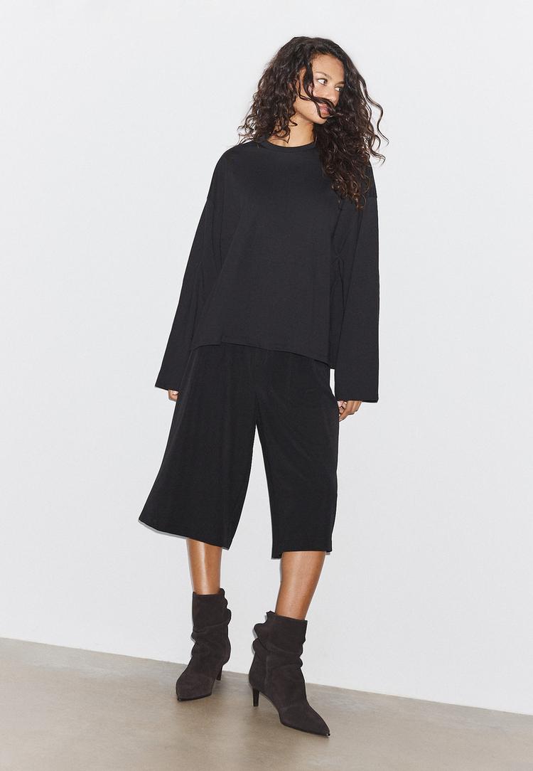 Stradivarius Tricou Boxy Cu Mânecă Lungă Negru L