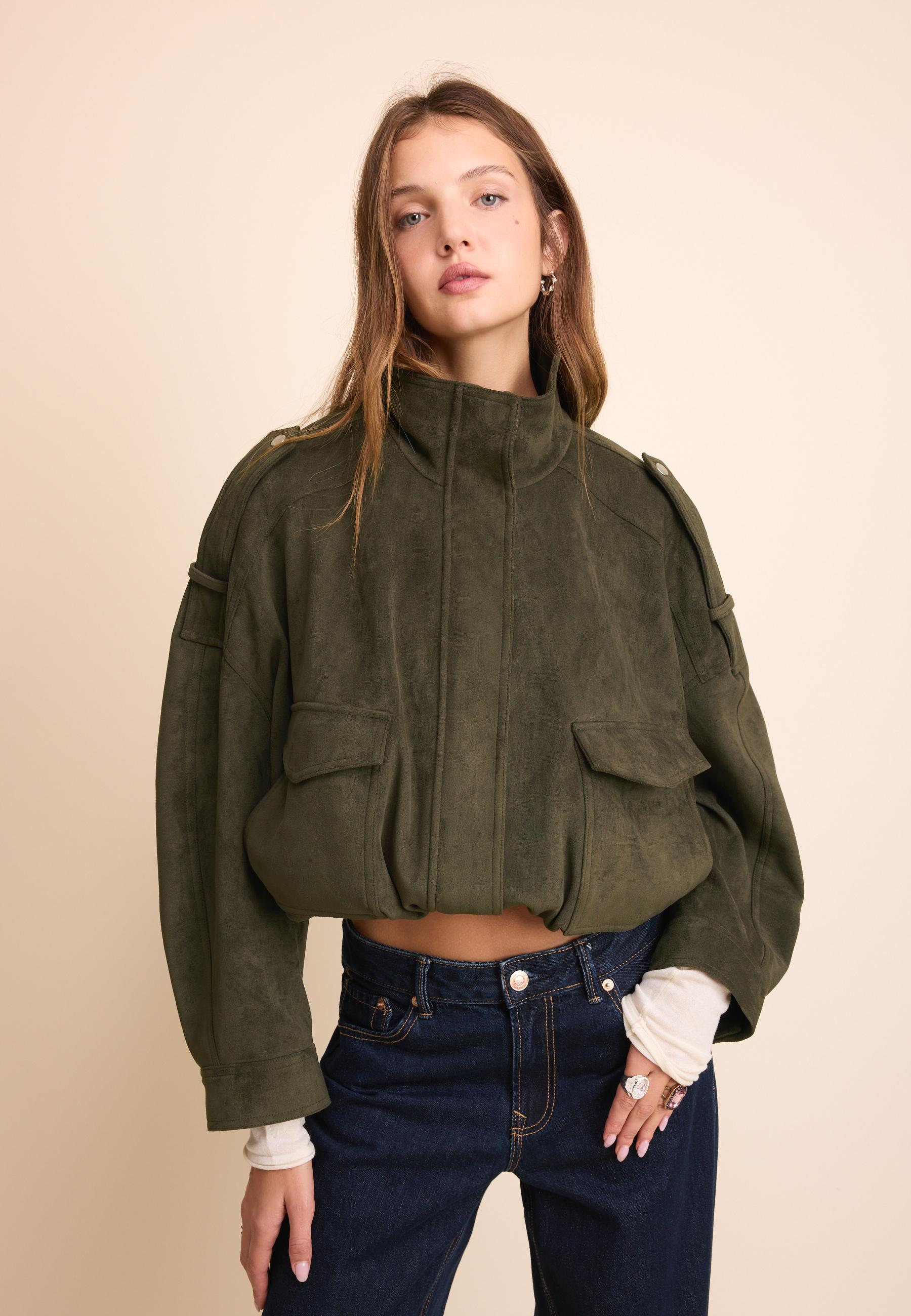 Stradivarius Oversize Τζάκετ Με Όψη Συνθετικού Σουέντ Χακί M