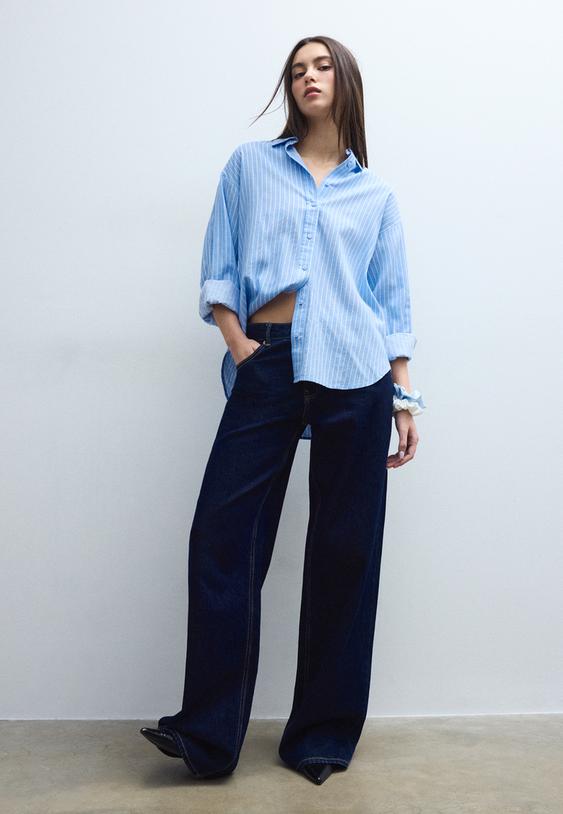 Stradivarius Linen-Effect Shirt Sky Blue M