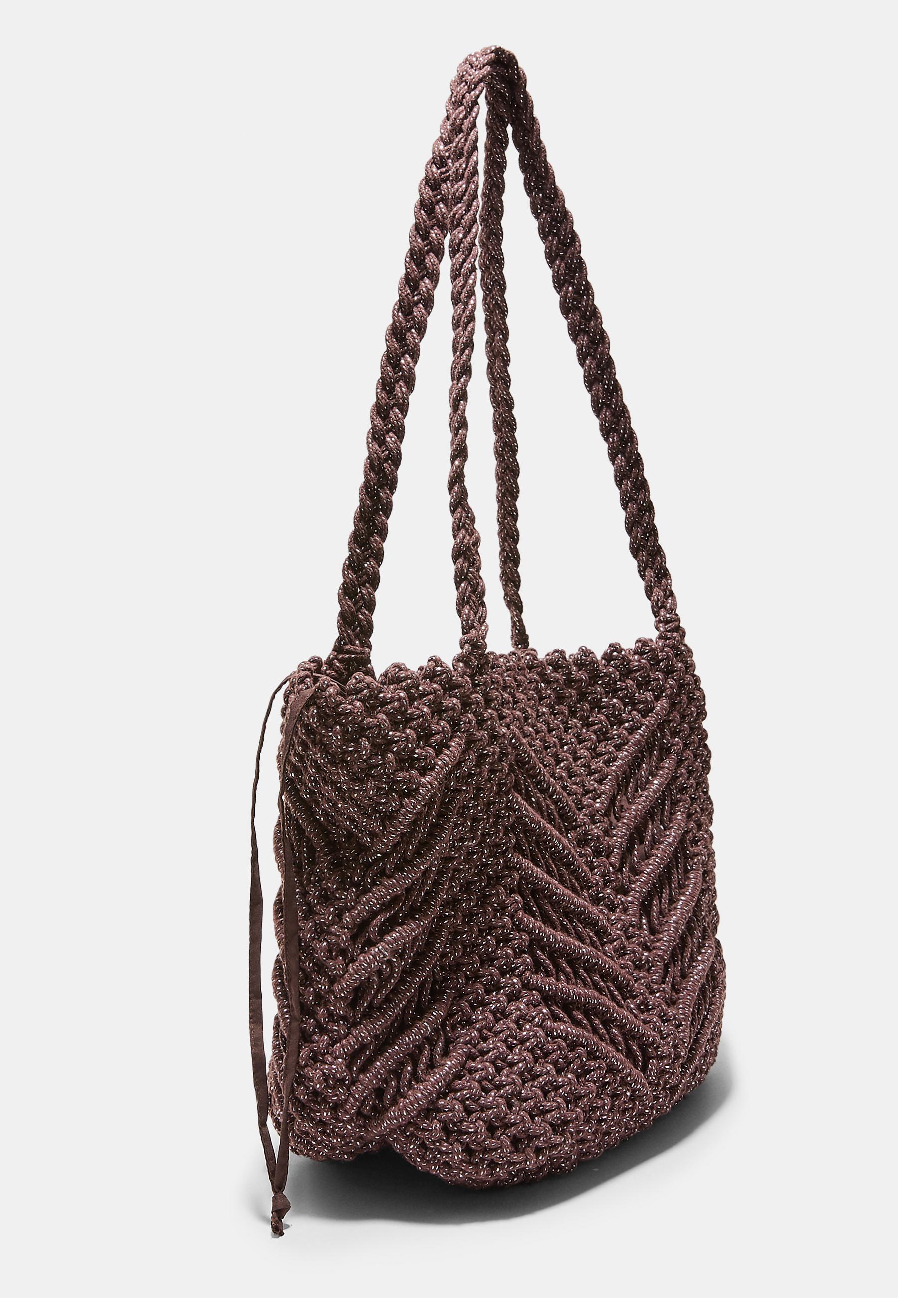 Metallic thread crochet shopper bag — Brown