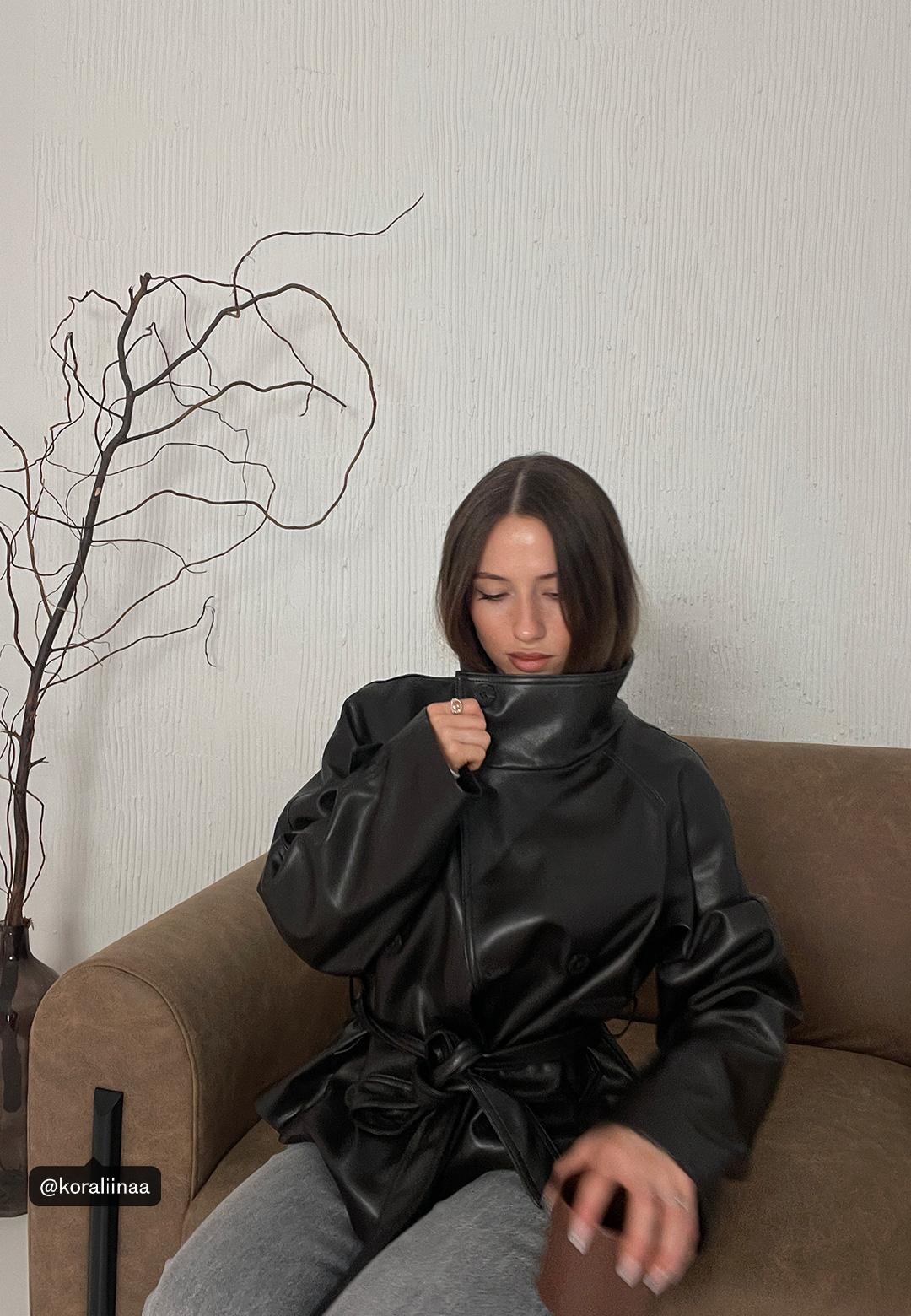 High neck leather effect trench coat — Brown