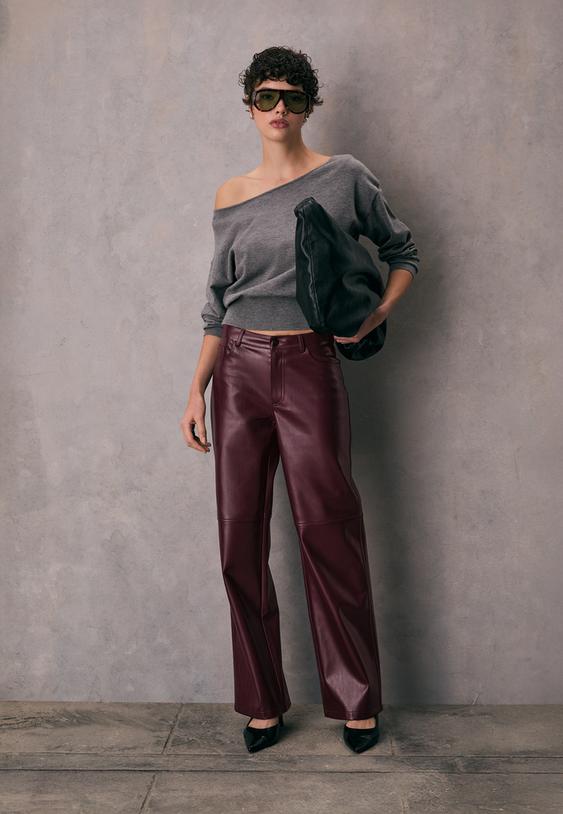 straight leg textured leather effect trousers