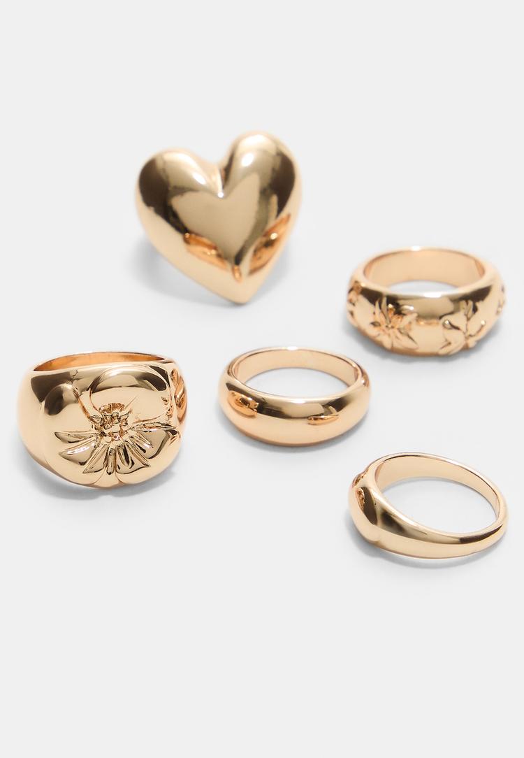 Stradivarius Σετ 5 Δαχτυλίδια Με Λουλούδι Και Καρδιά Χρυσαφί Os φωτογραφία