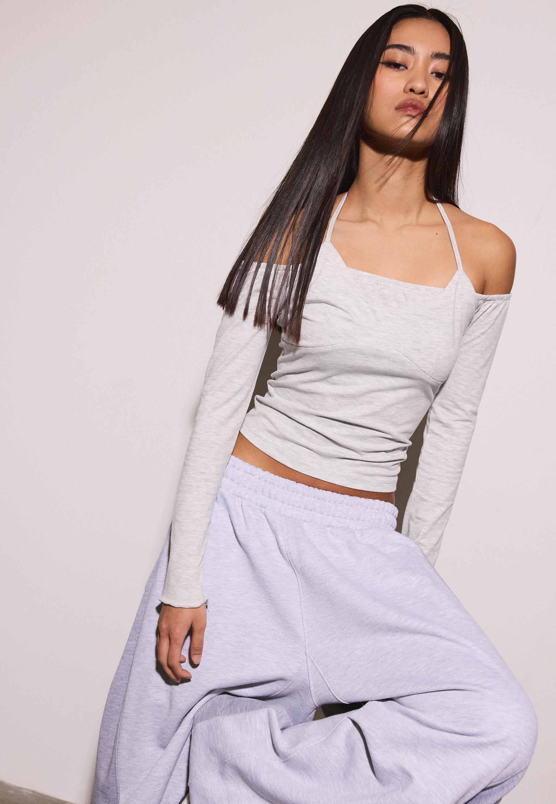 Long sleeve halter neck T-shirt — Grey melange