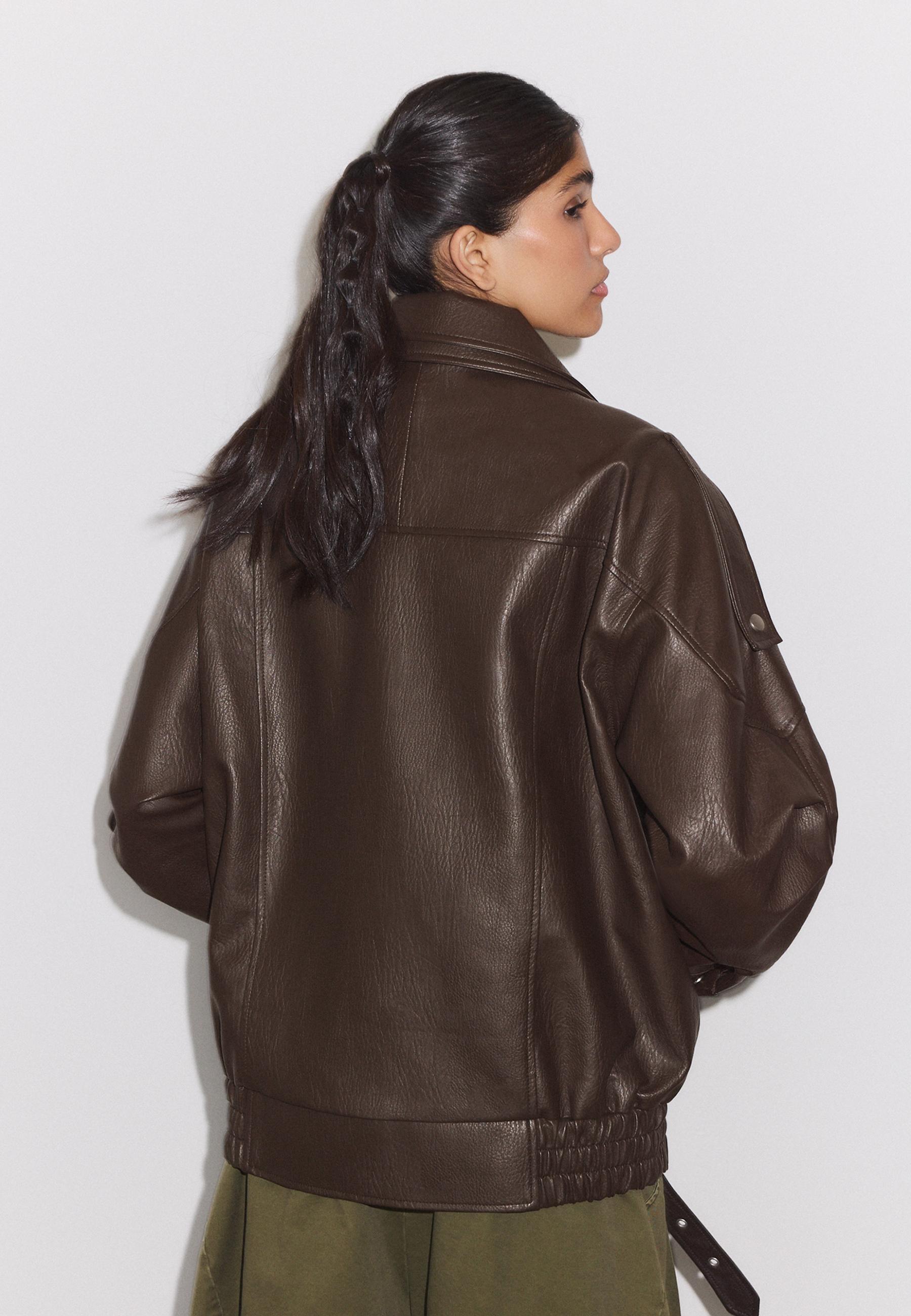 Oversize leather effect lapel jacket — Brown