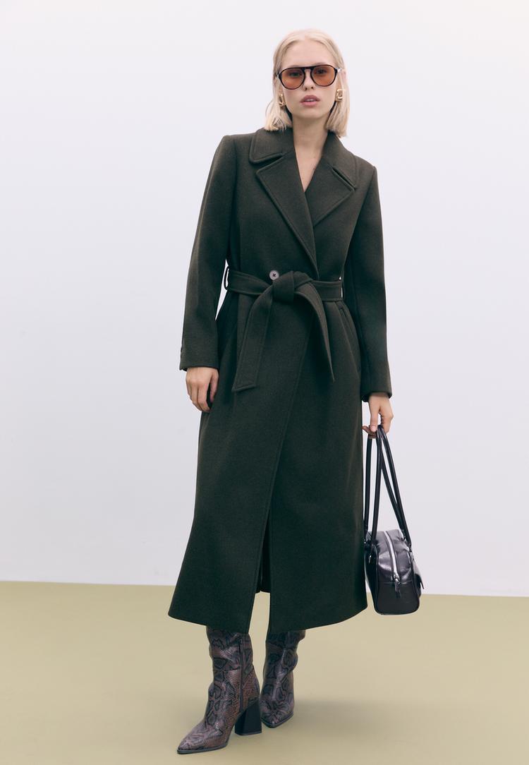 Stradivarius Μακρύ Παλτό Με Ζώνη Χακί L