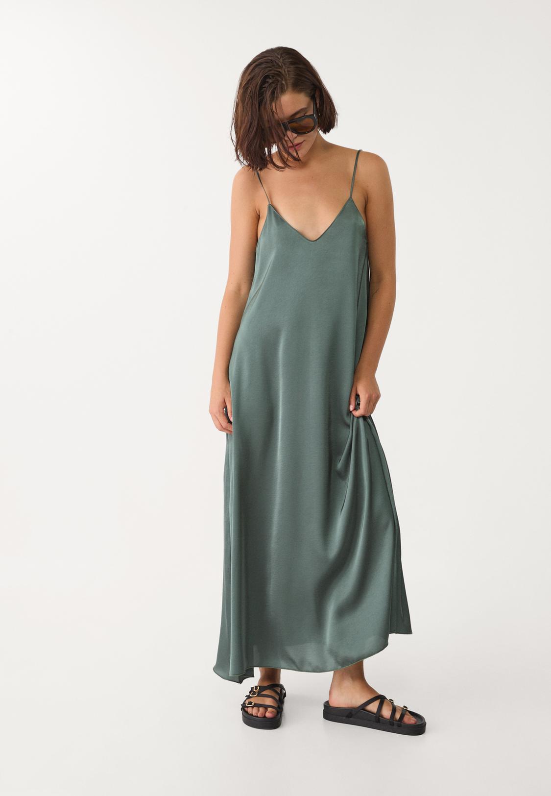 Vestido Camisa Stradivarius Saten Vestido Largo Fluido Satinado