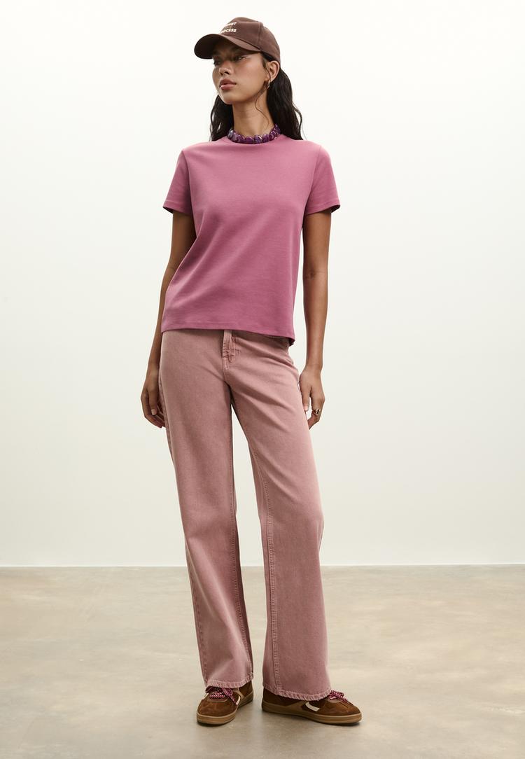 Stradivarius Tričko Basic Regular Soft Touch Mauve Xs