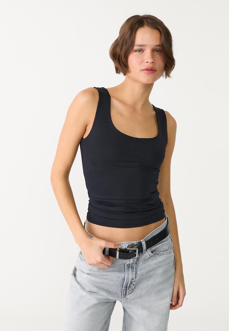 Stradivarius Tricou Din Poliamidă Cu Bretele Late Negru L