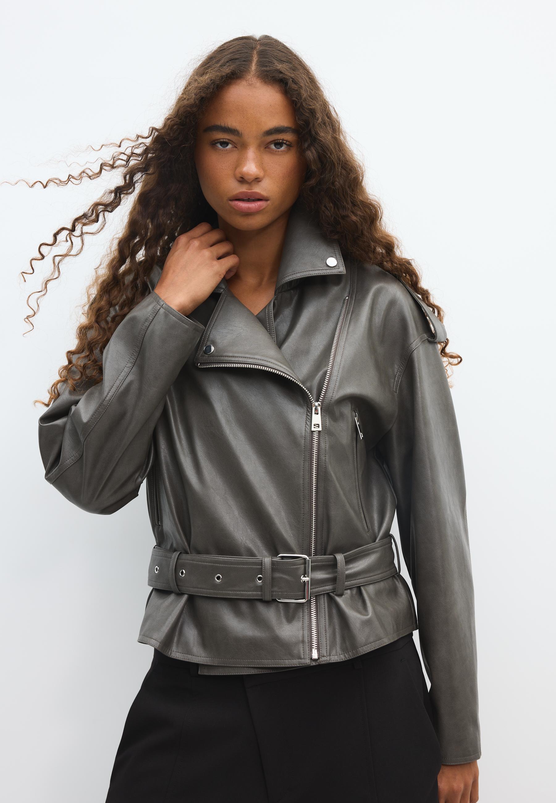 Leather effect biker jacket with belt — Dark grey