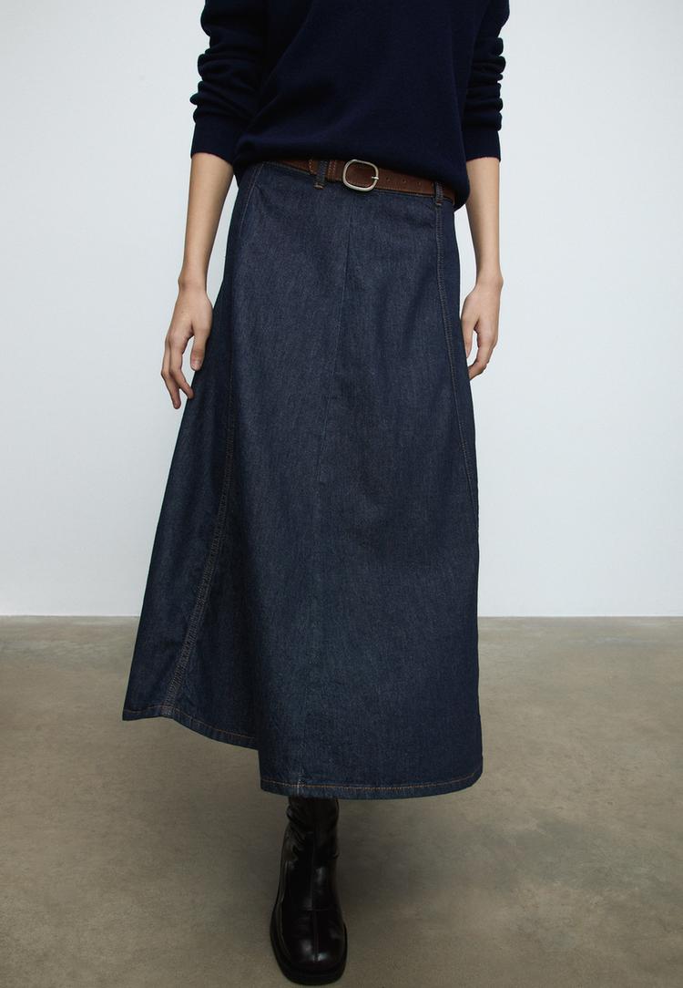 gonna a trapezio midi in denim con cintura