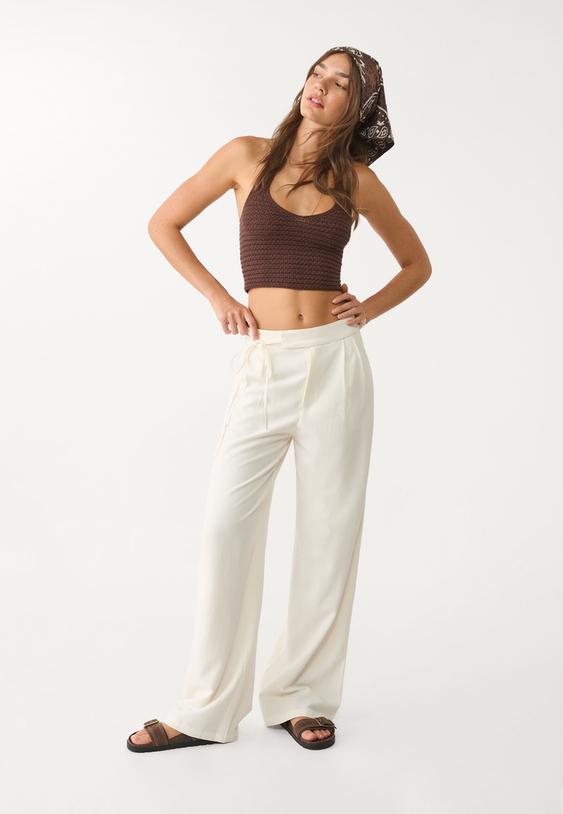 soepelvallende broek met strik en linnenlook