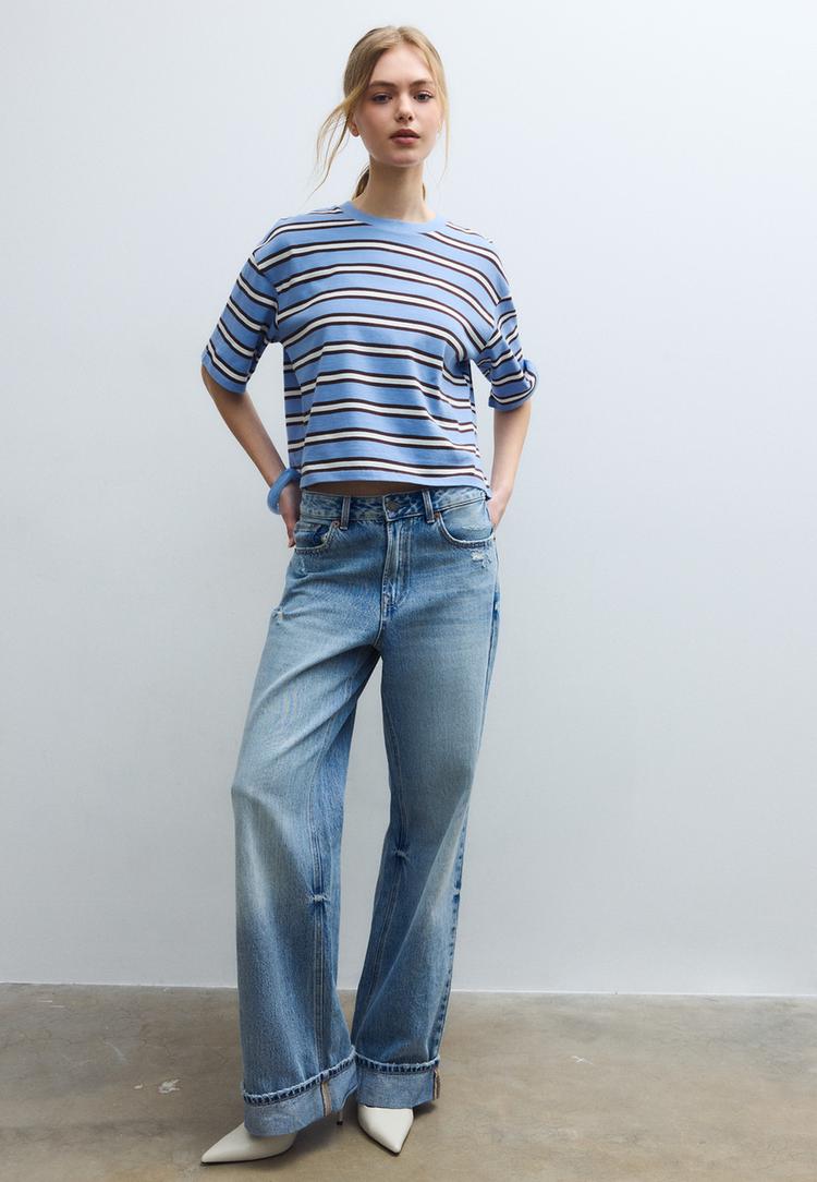 Stradivarius Tricou Cu Mânecă Scurtă Și Dungi Azulina L