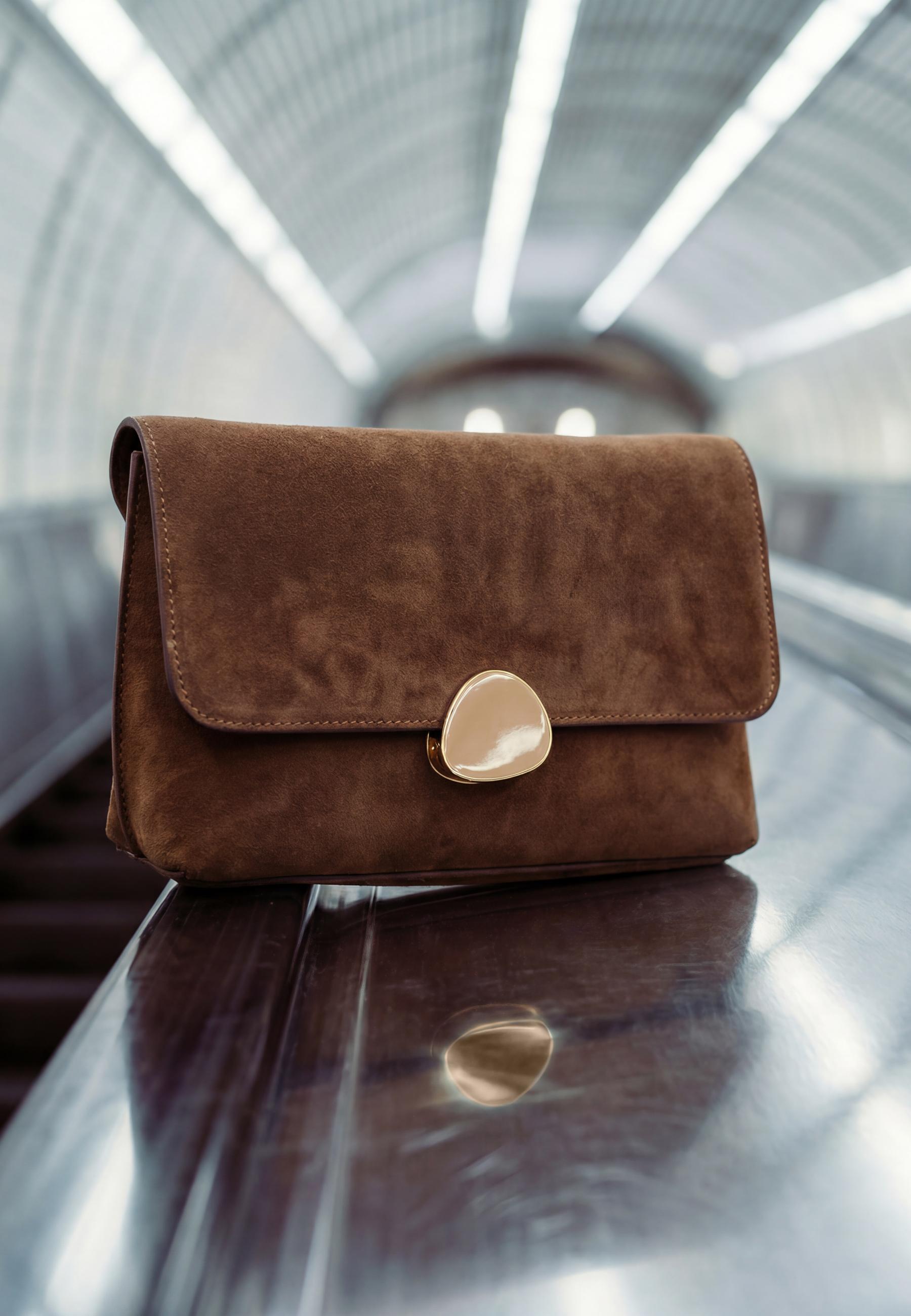 Asymmetric faux suede bag with metal clasp — Brown