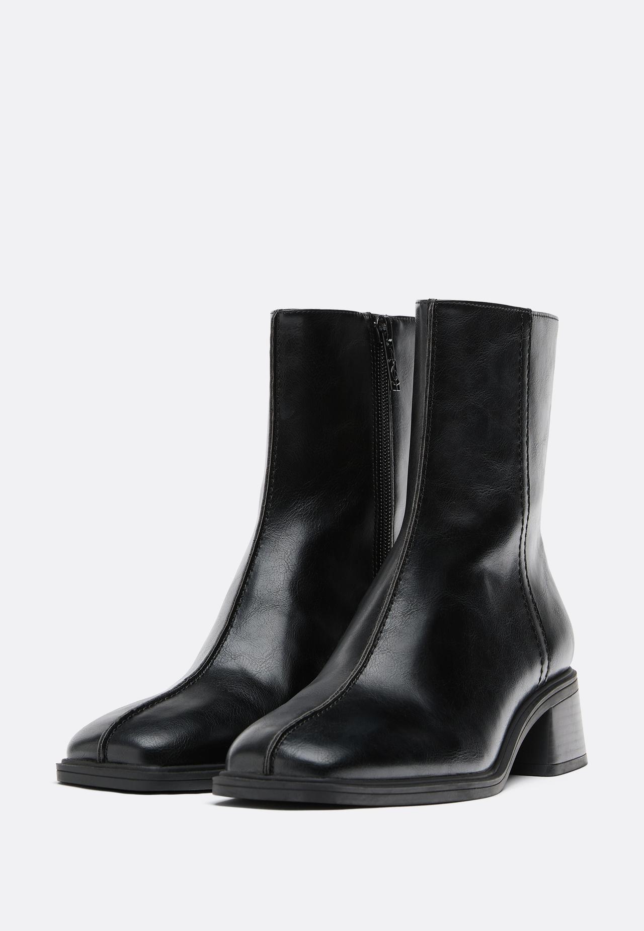 Flat leather effect ankle boots — BLACK