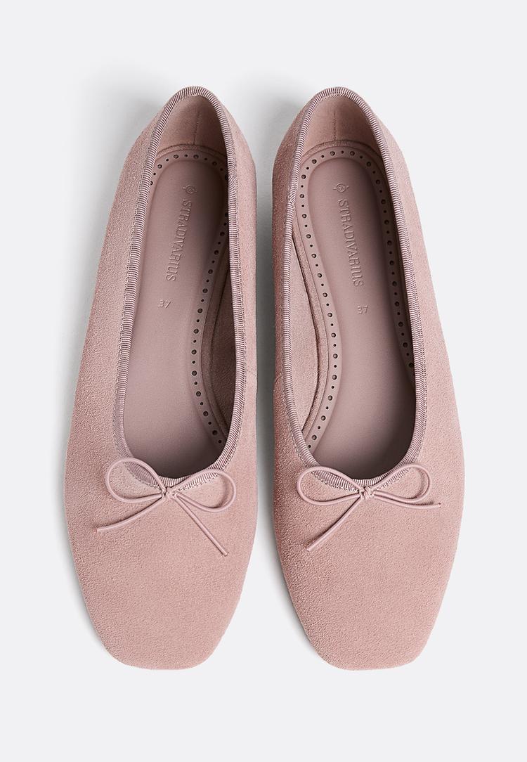split suede ballet flats with bow