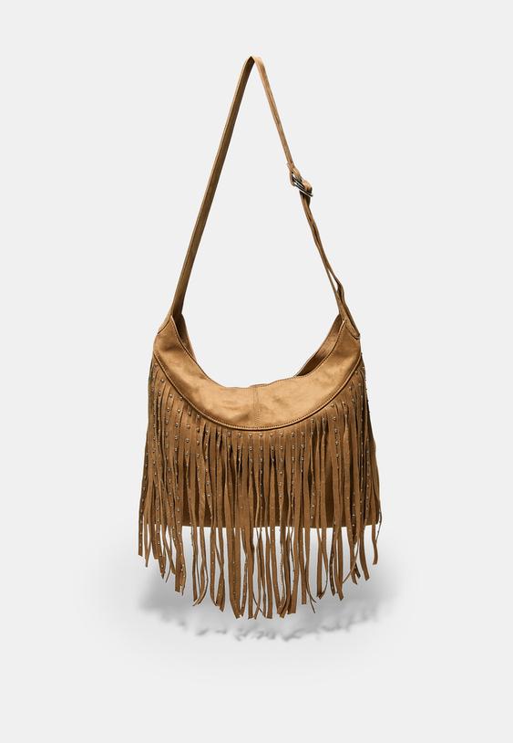 Stradivarius Sac Porté Épaule Toucher Doux Détail Franges Caramel Os