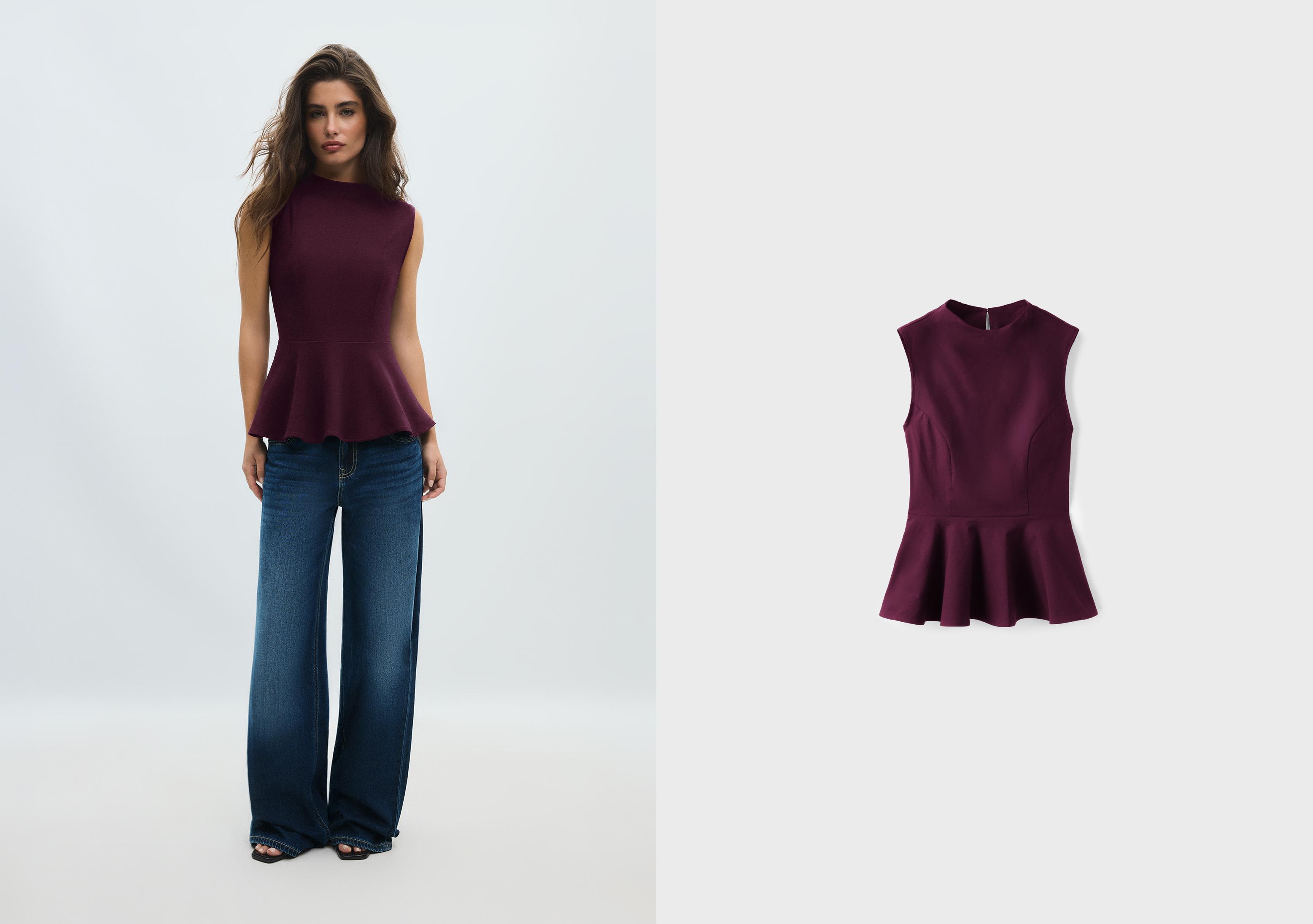 Sleeveless high-neck peplum top — Purple