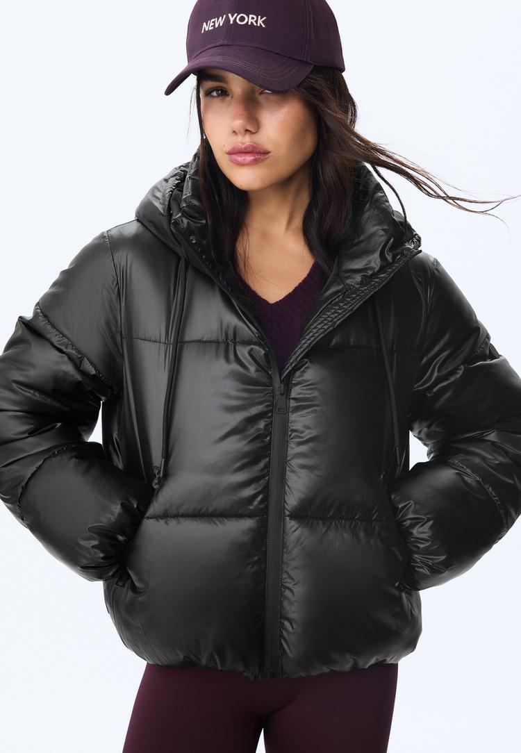 metallic hooded puffer jacket