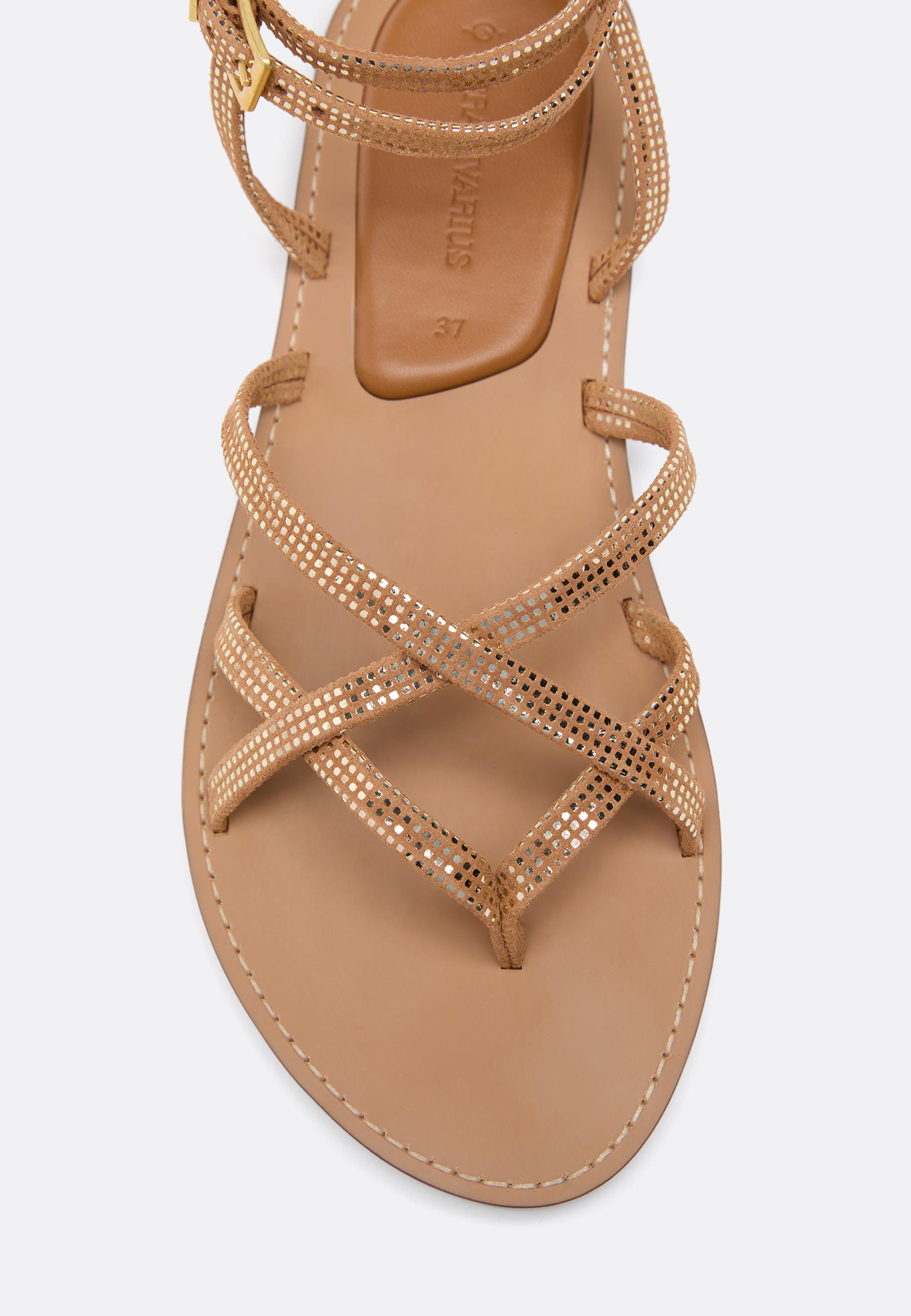 Flat studded leather strap sandals — BROWN
