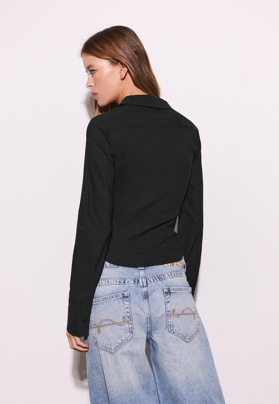 Stradivarius Fitted Shirt With Zip Black Xs