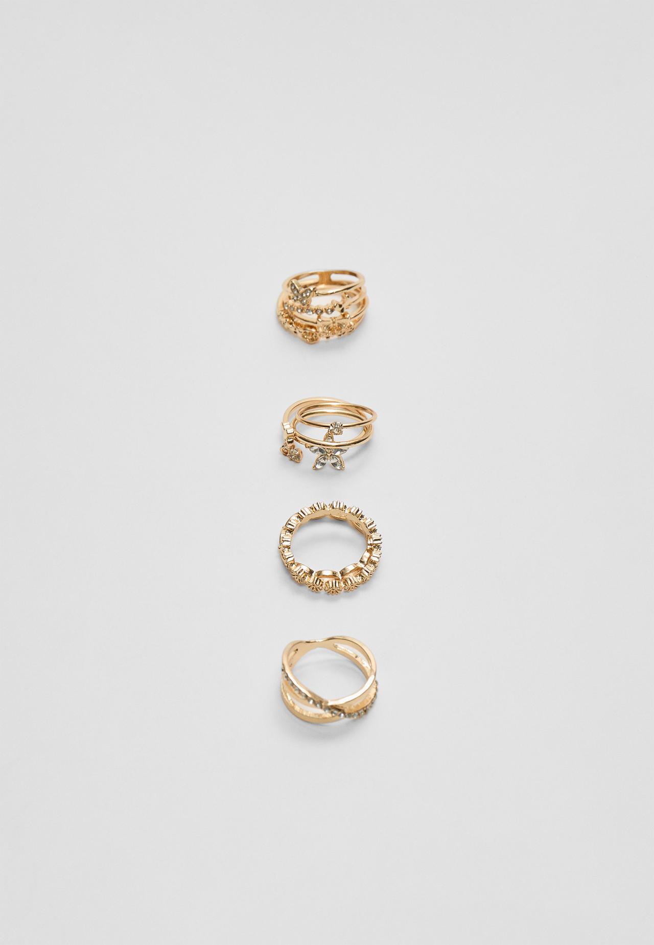 Set of 9 butterfly and rhinestone rings — Gold
