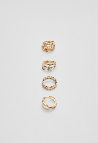 Set of 9 butterfly and rhinestone rings — Gold 1