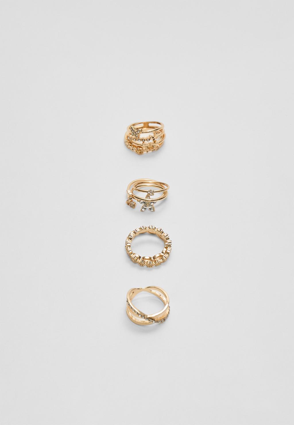 Set Med 9 Ringar Med Fjärilar Och Strass