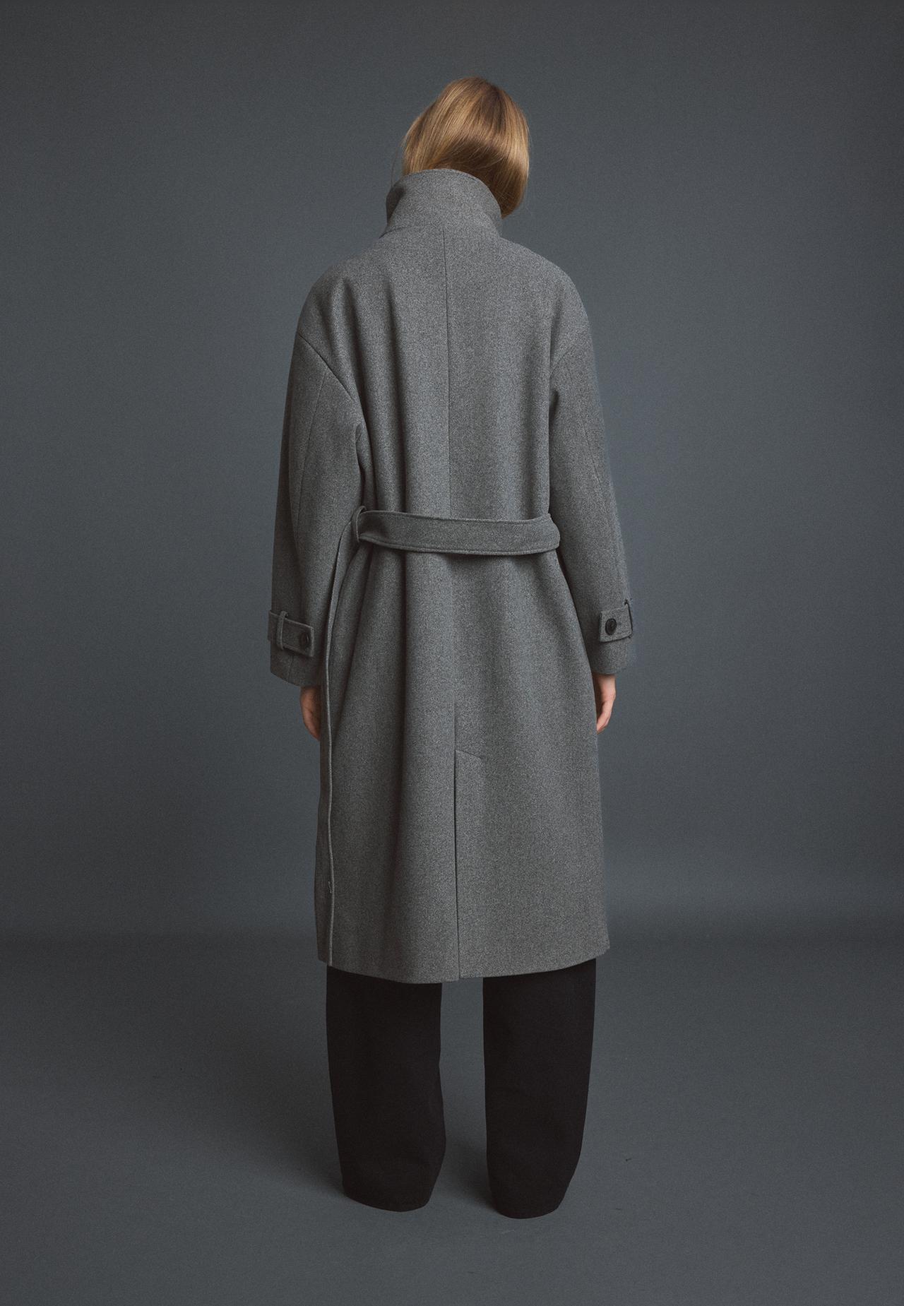 Soft-touch high neck long coat — Dark grey