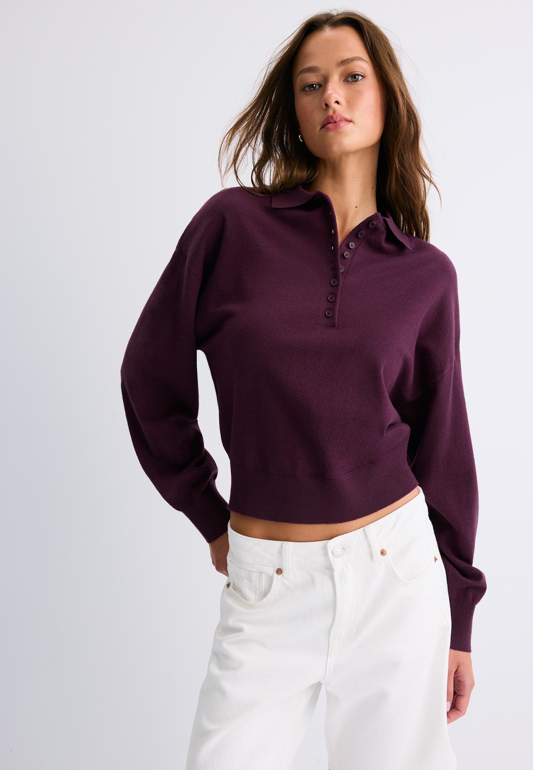 Stradivarius Πλεκτό Πουλόβερ Με Γιακά Polo Σκούρο Μωβ Xs