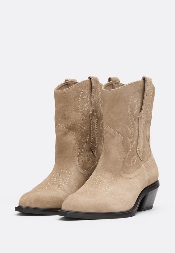 Stradivarius Leather Cow Heeled Ankle Boots Beige 8