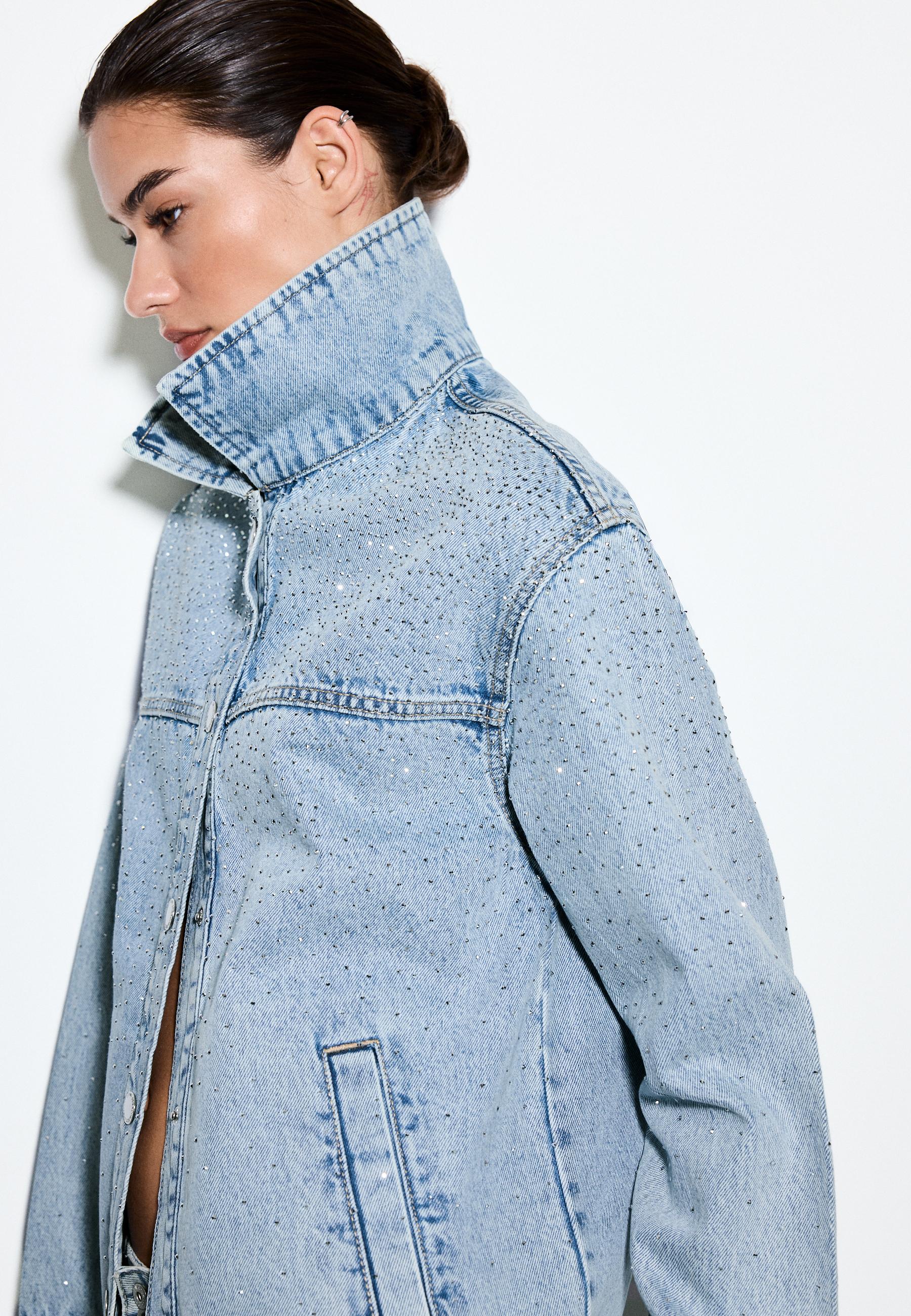 Denim jacket with patch pockets and rhinestones — MEDIUM LIGHT BLUE DENIM