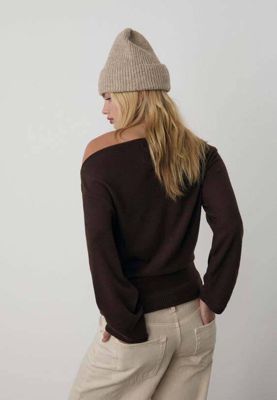 Stradivarius Boat Neck Knit T-Shirt With Sash Belt Brown M