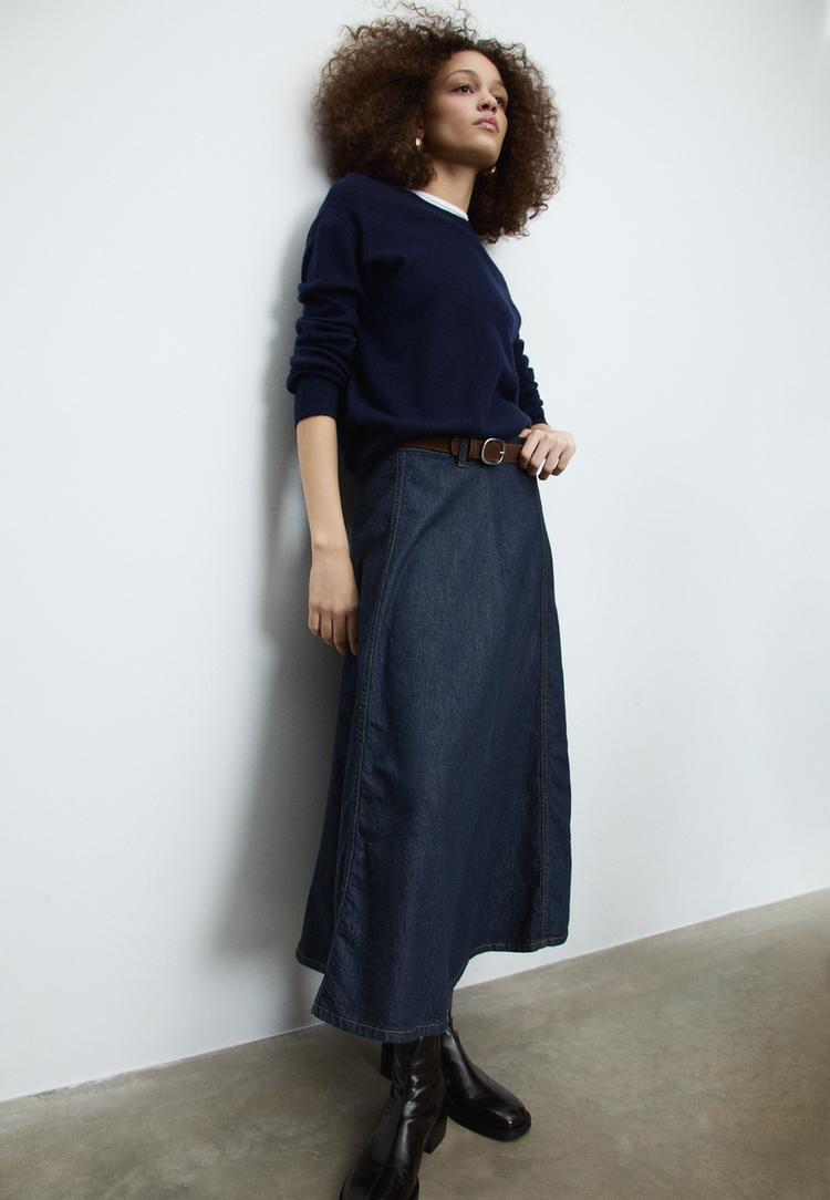 gonna a trapezio midi in denim con cintura