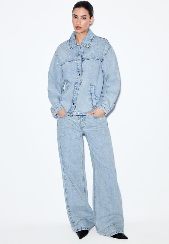Stradivarius Veste En Jean Poches Plaquées Brillants Denim Bleu Moyen Clair Délavé S