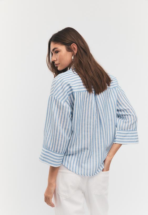 Stradivarius Chemise Manches Kimono Effet Lin Marine S