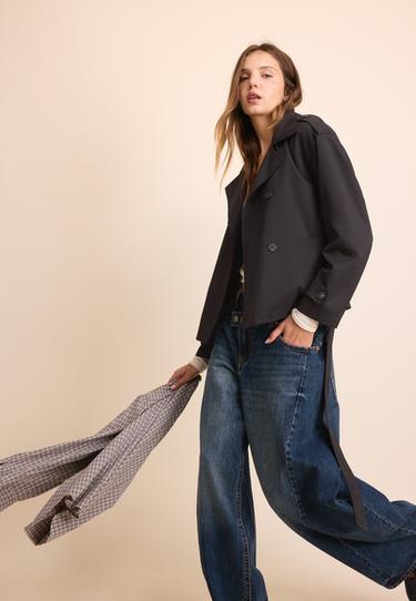Short flowing trench coat with belt — Black 1