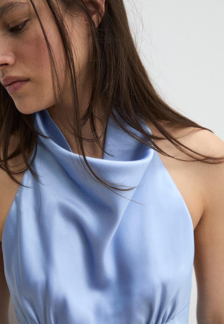 Stradivarius Κοντό Σατινέ Φόρεμα Με Λαιμόκοψη Halter Σιέλ M φωτογραφία