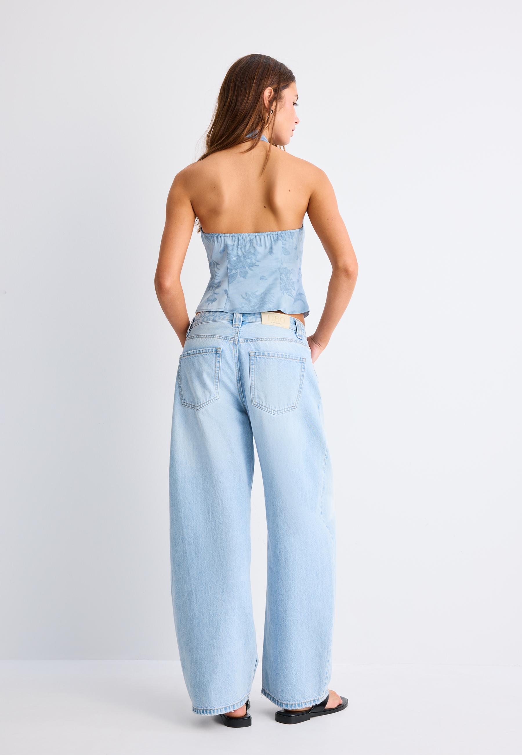 Embroidered sateen qipao top — Sky blue
