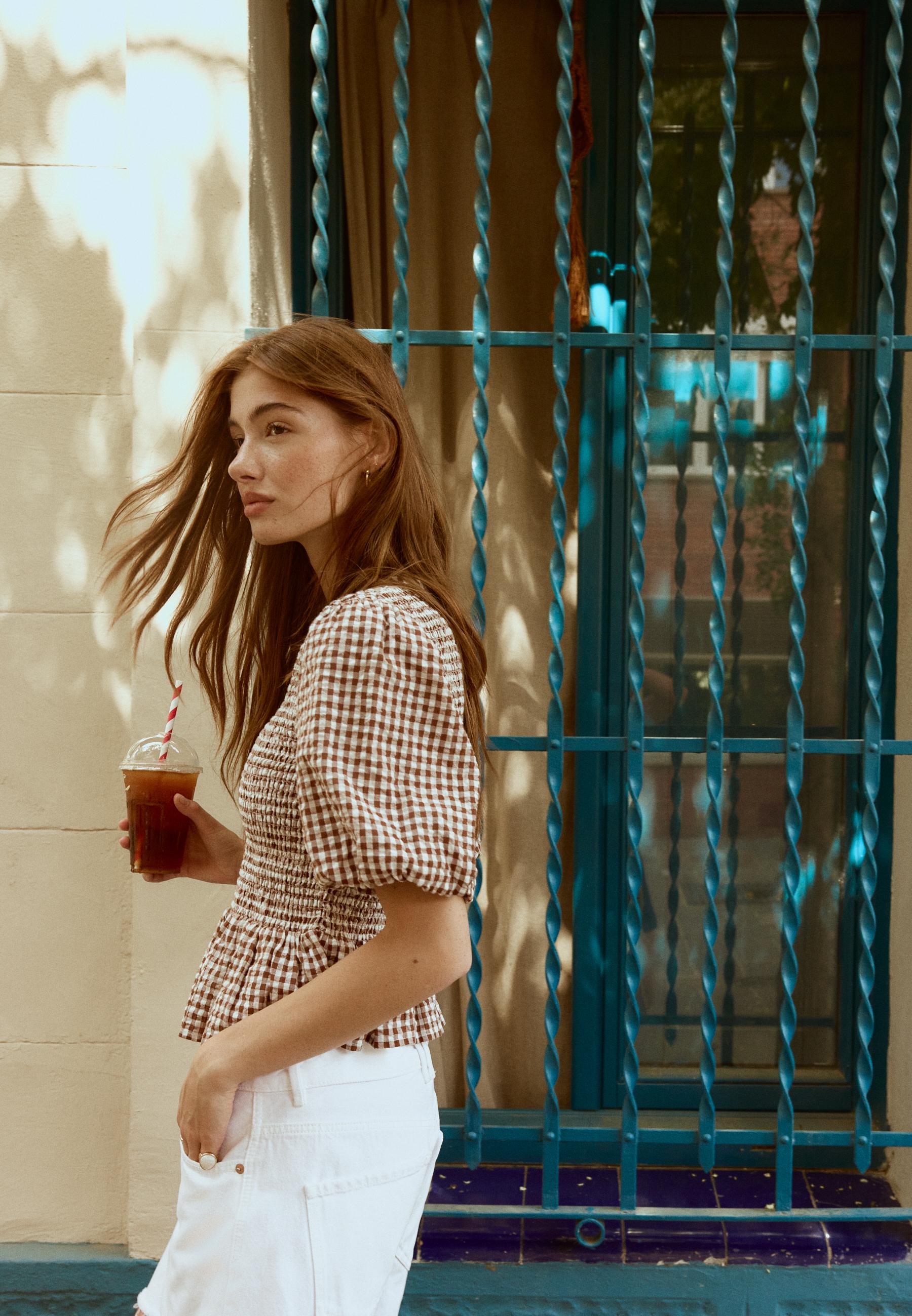 Short sleeve peplum blouse — Brown