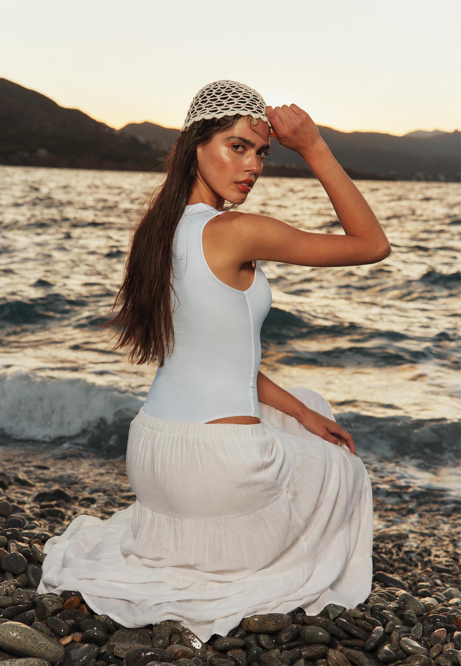 Polyamide square neckline bodysuit — Ecru