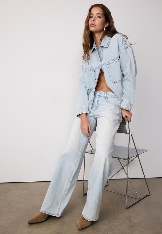 Stradivarius Cropped Denim Overshirt With Studs Medium Blue Denim L