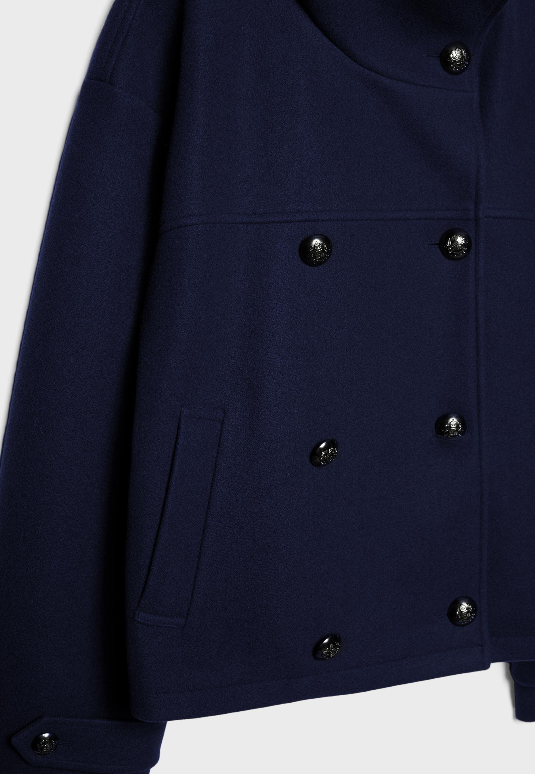 Soft-touch crossover high neck jacket — Navy blue