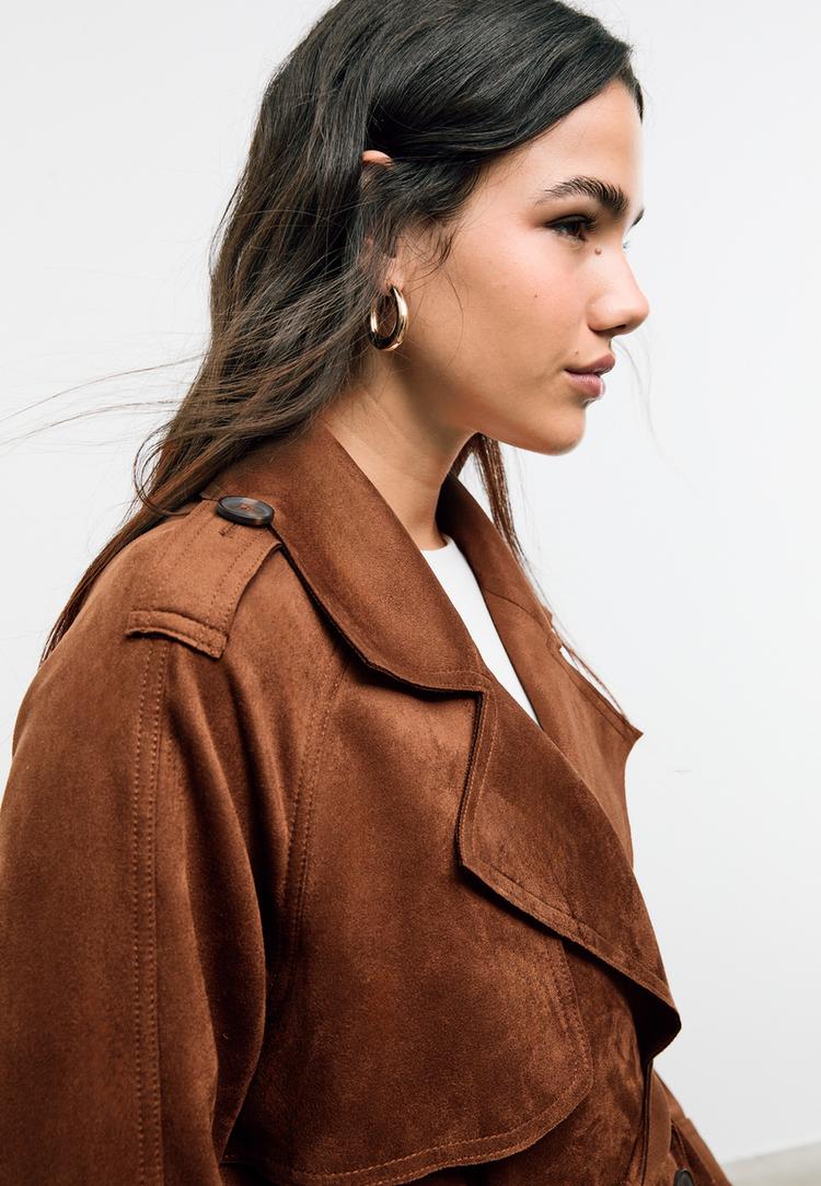 long faux suede trench coat