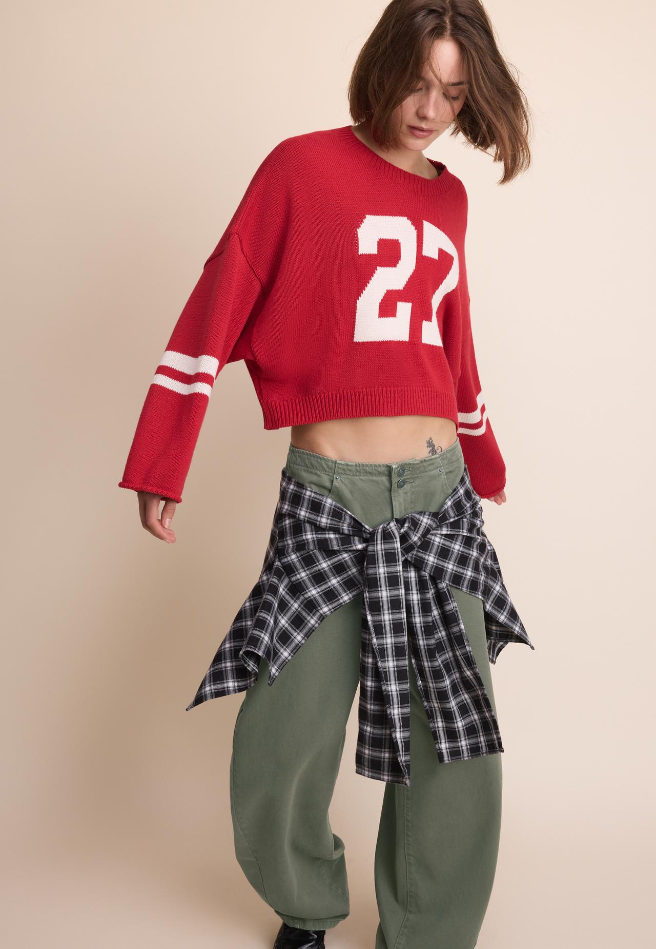 Number cropped knit jumper — Red