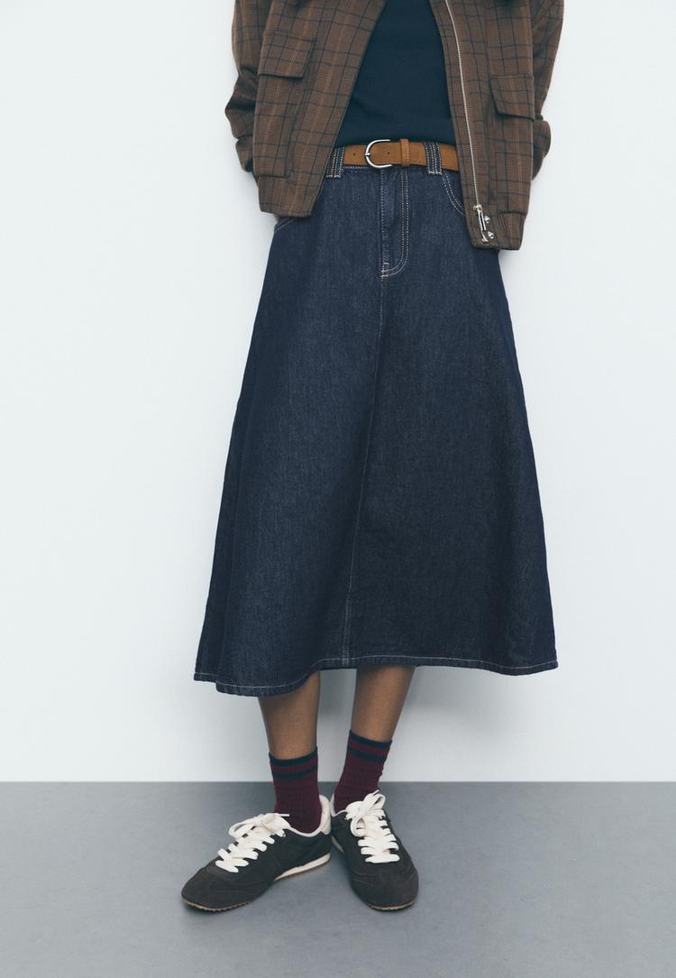 gonna midi in denim con cintura