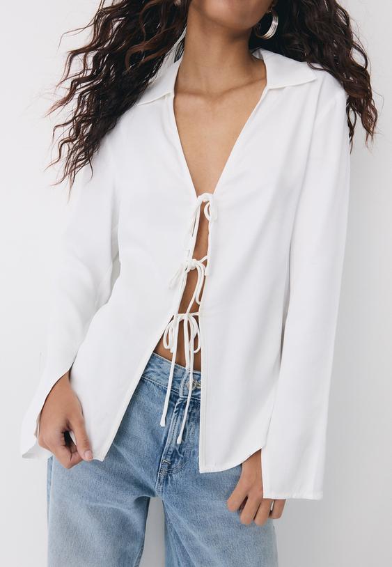 Stradivarius Satin Shirt With Ties Ecru M