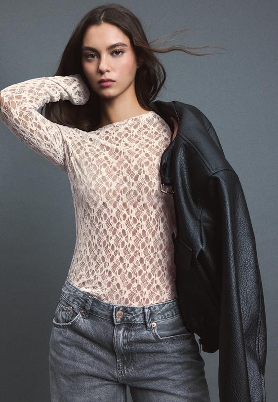 Stradivarius T-Shirt Van Kant Met Lange Mouwen Ecru M