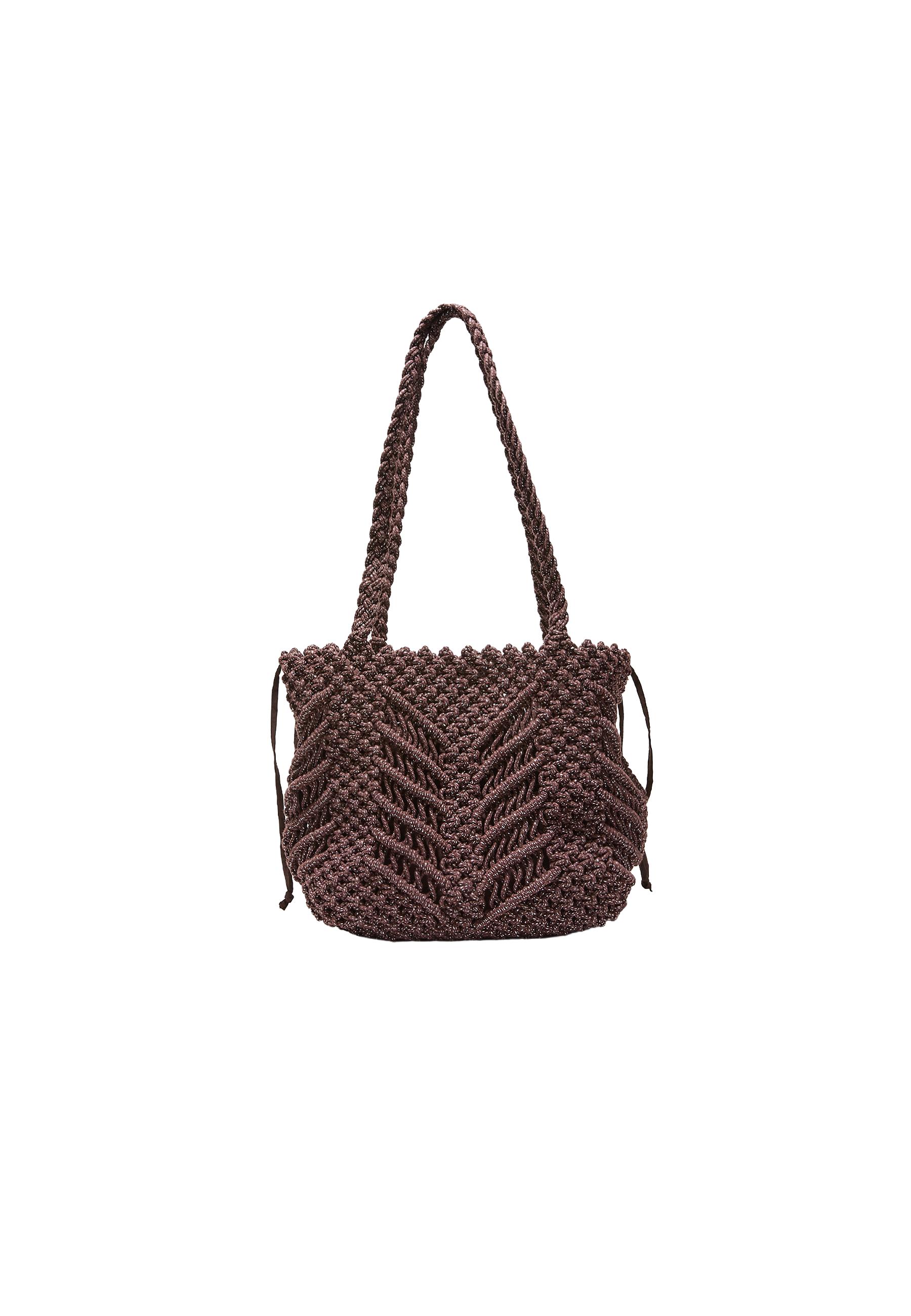 Metallic thread crochet shopper bag — Brown