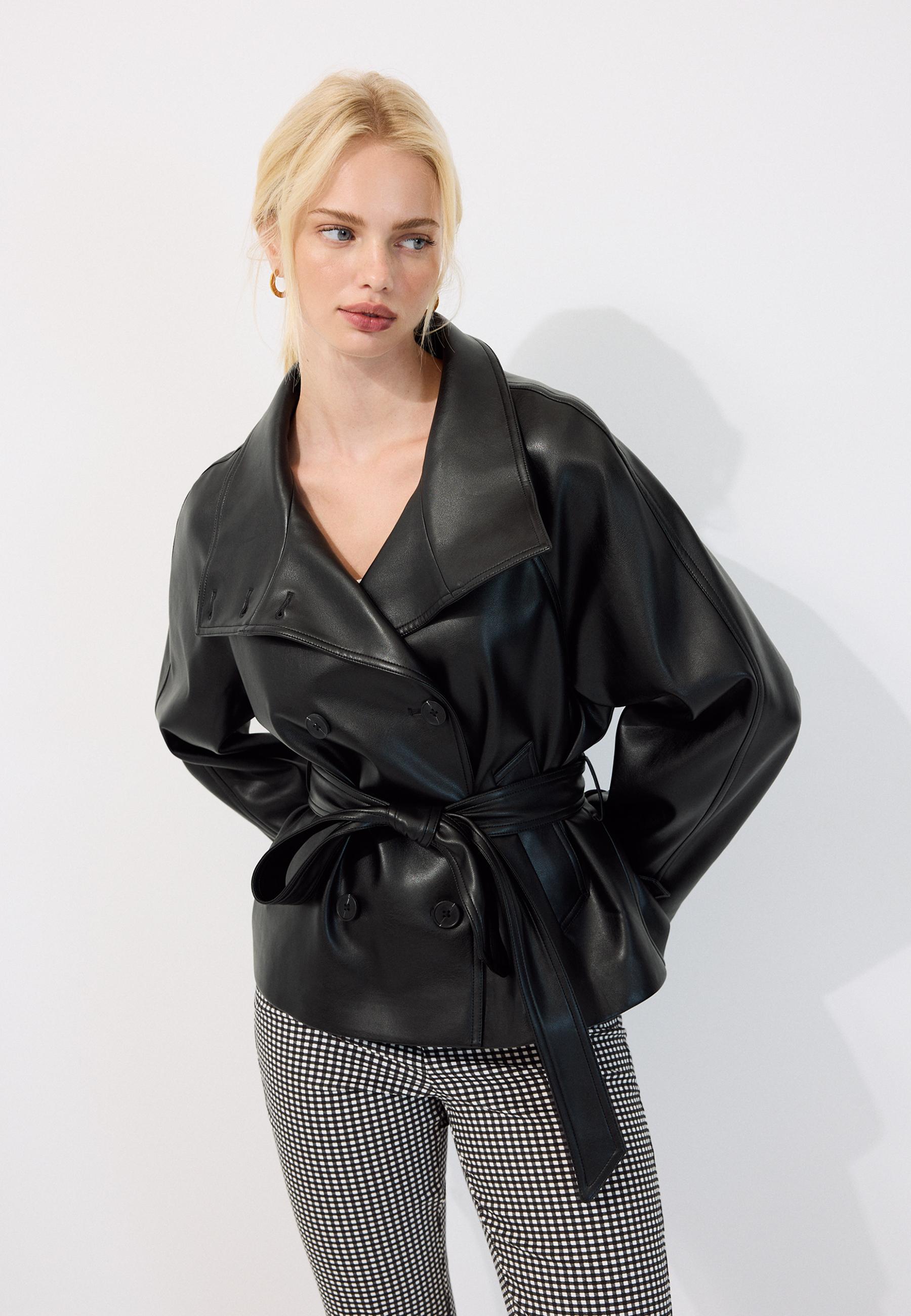 High neck leather effect trench coat — Black
